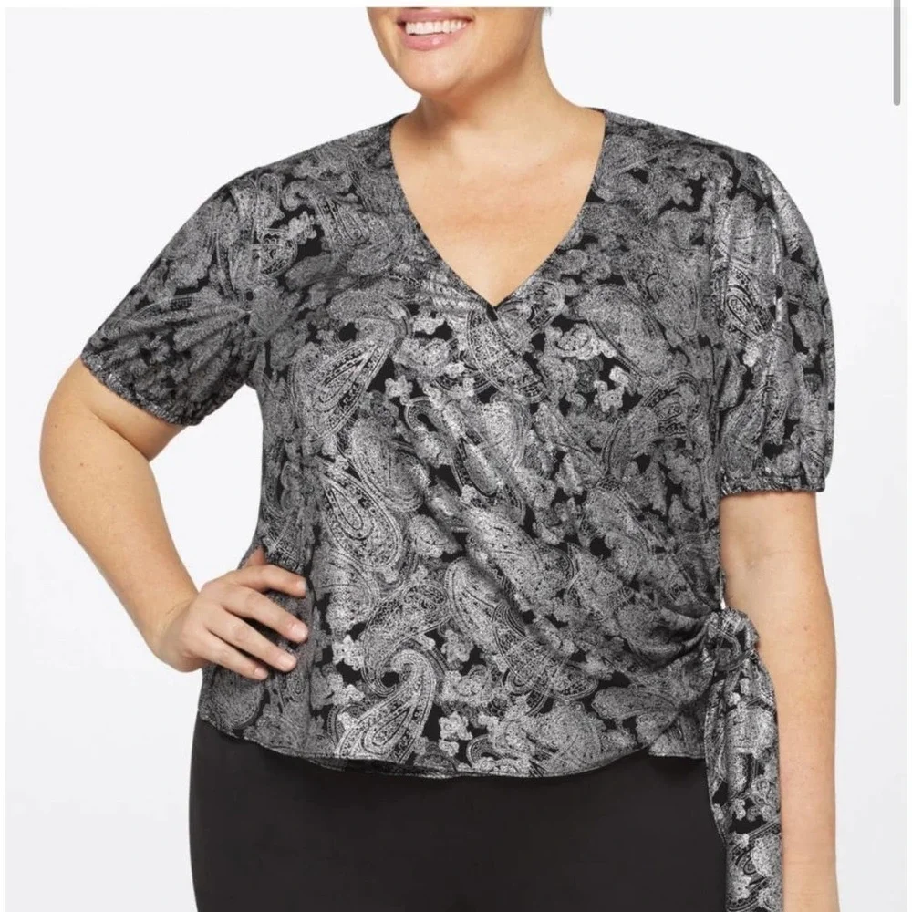 MICHAEL Michael Kors Silver Metallic Paisley Surplice Blouse